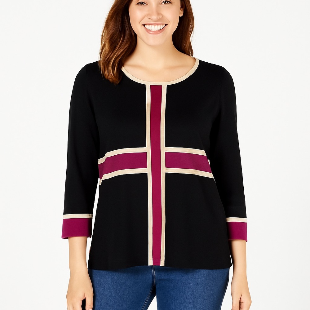 Black knit office casual sweater with hot pink and white cross design. P